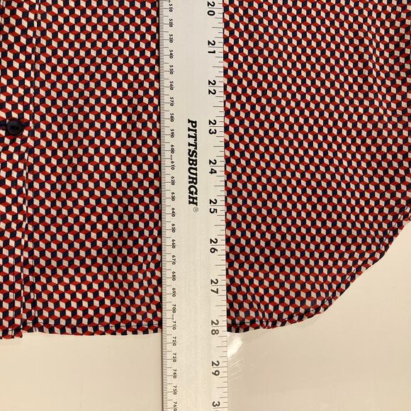 THEORY Button Shirt Women XL Silk Multi-Red Geo-Print Pocket Long-Slv “Rogene” - Picture 12 of 13
